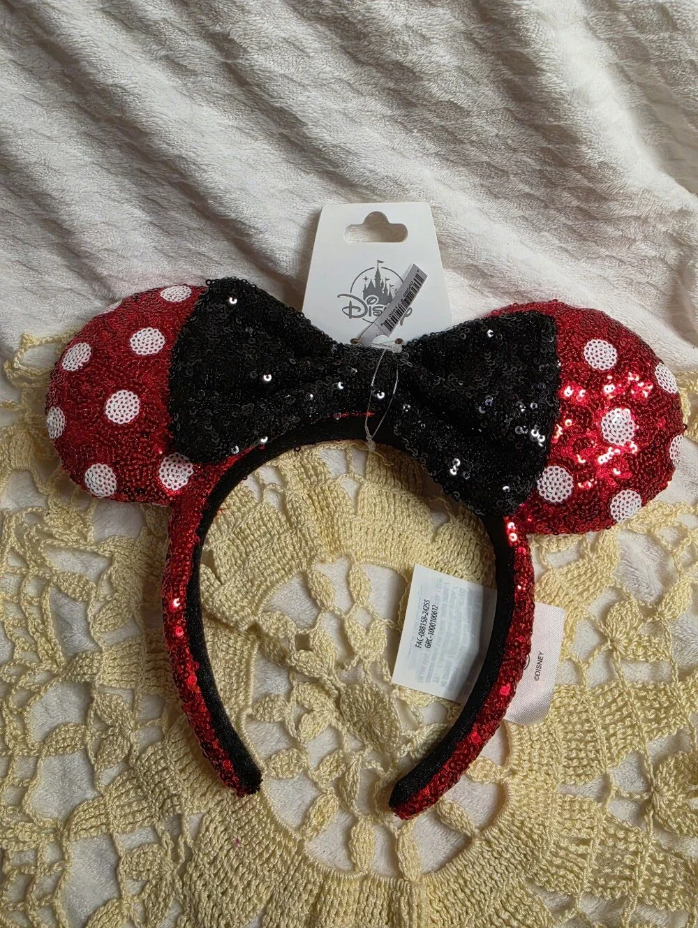 Disney Red Sequin White Dots Minnie Ears Headband with Black Bow New